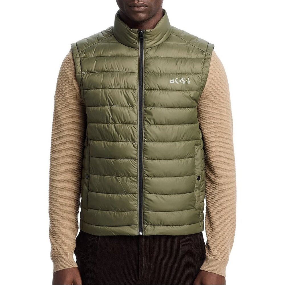 Hugo Boss Men's BOSS Calano Quilted Puffer Vest Stand Collar Zip Front Green